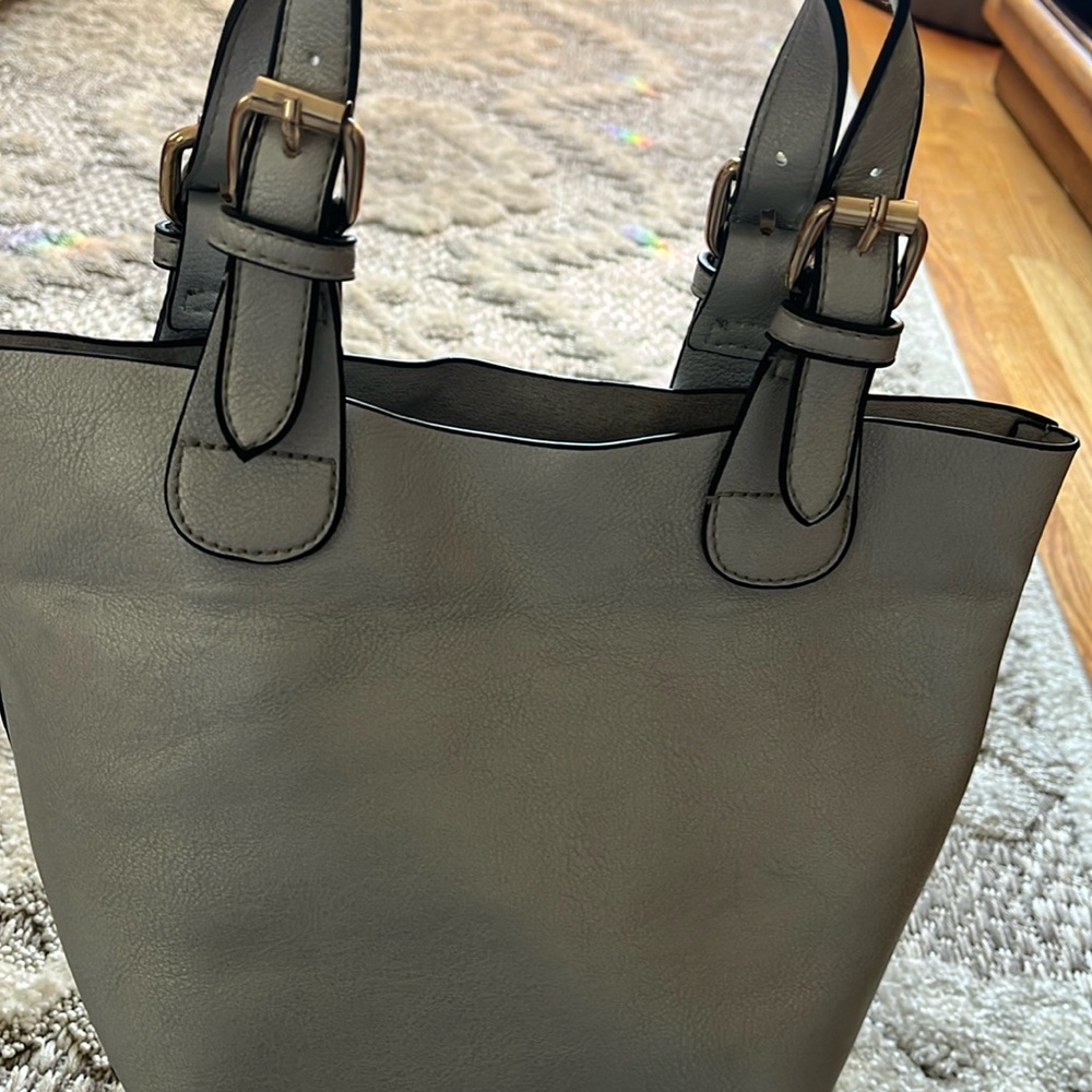 Silver vegan tote bag with zipper pouch and additional strap